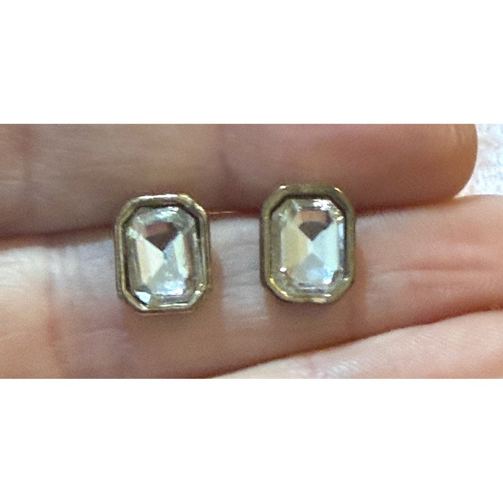 Vtg Style Emerald Cut Clear Crystal Stud Earrings Gold Tone Bezel Rectangular